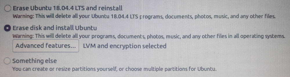 shows LVM with encryption selected